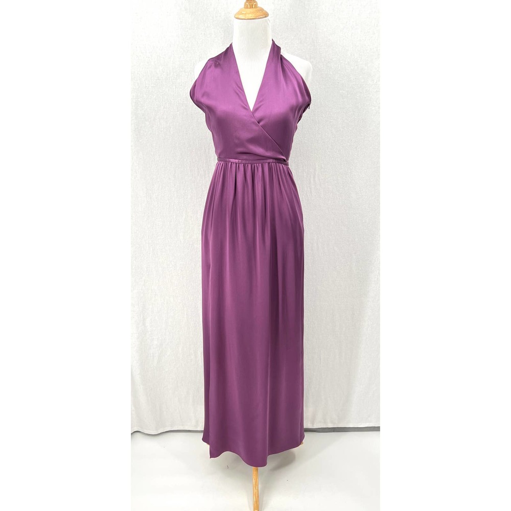 FLEUR DU MAL Dress Womens Small Purple Silk Halter Maxi High Slit Surplice - Picture 1 of 16